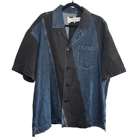 NEW Feng Chen Wang Men's Black Blue Stripe Denim Button Down Shirt Size XL - Picture 2 of 12